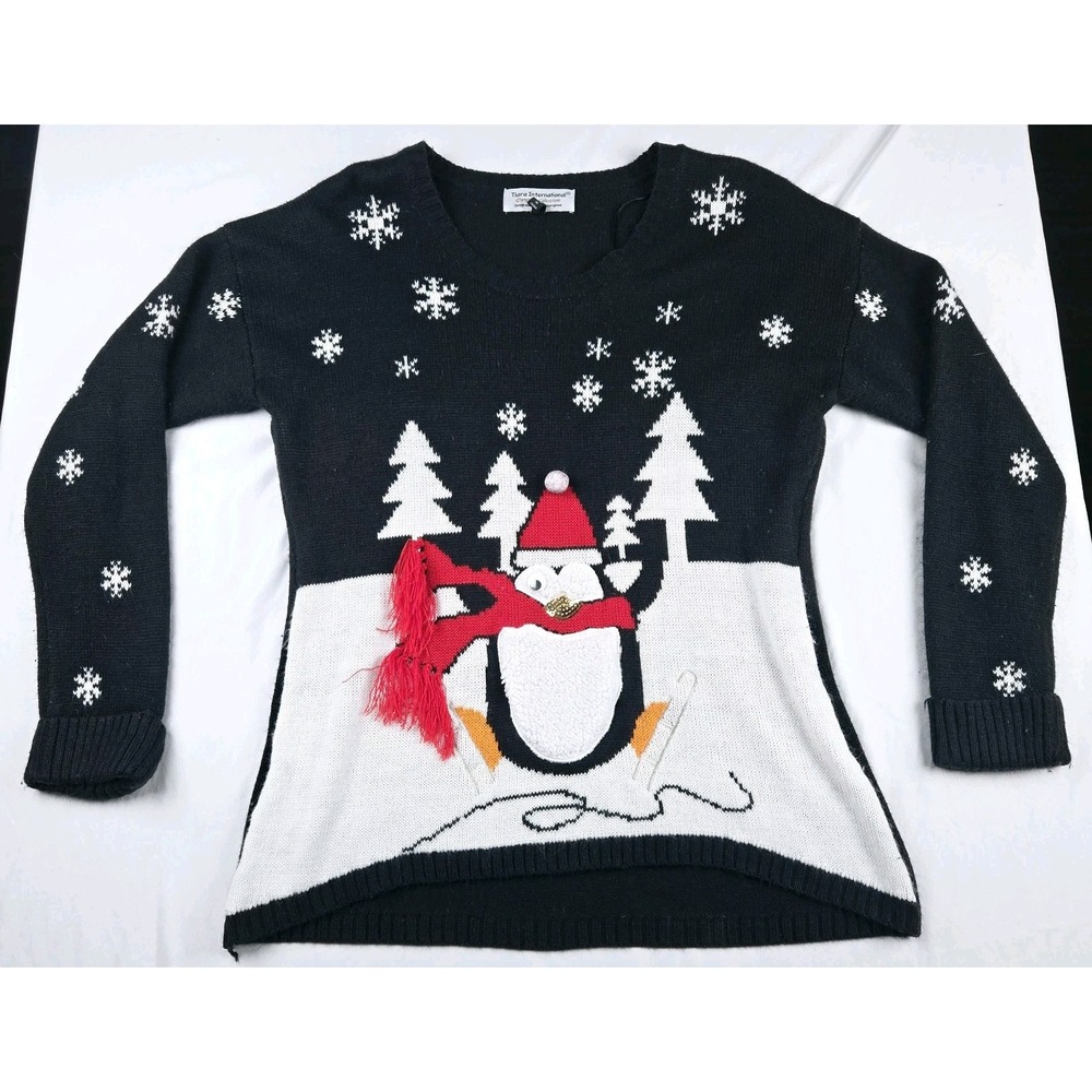 Christmas Sweater Size XL Penguin Black‎ White Tiara International Snowflakes